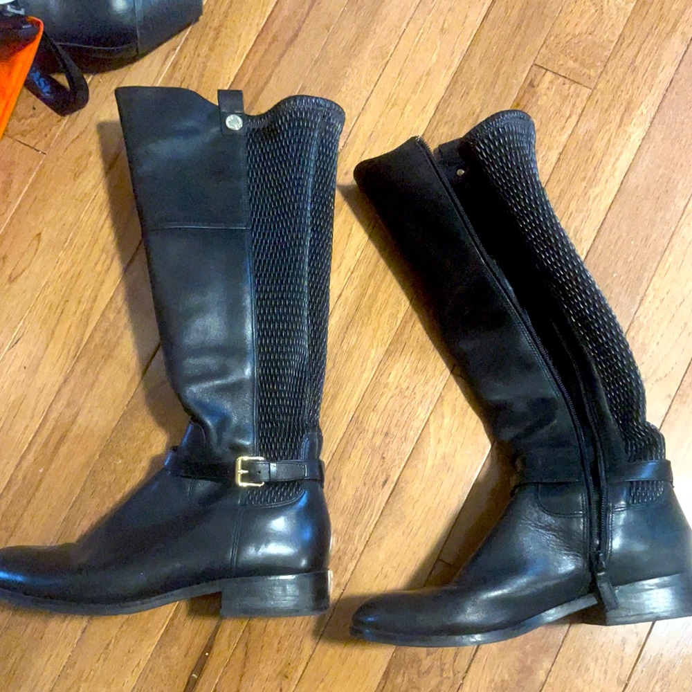 Cole Haan black riding boots. Low heel. Leather. Comfortable. Stretchy calf.